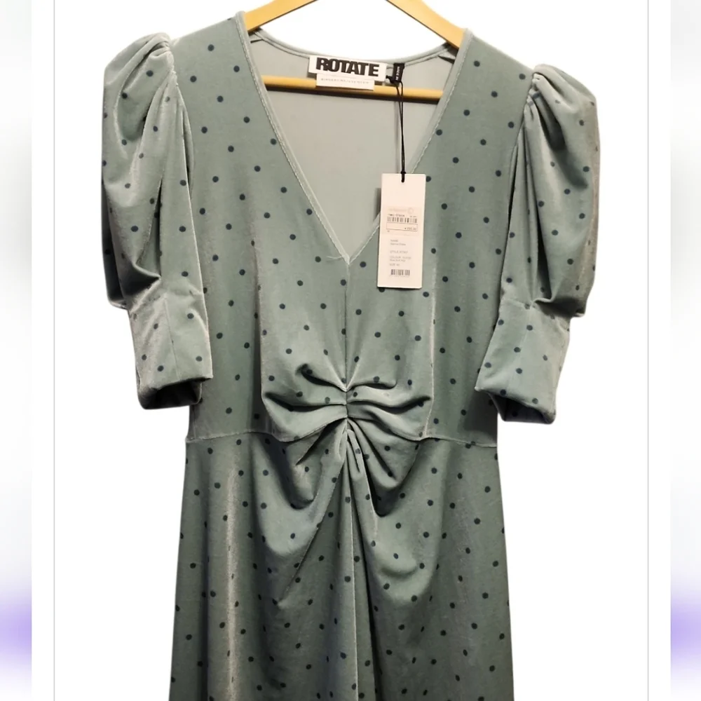 Rotate Birger Christensen Sierina Puff Sleeve Midi Dress Green Velvet Size 8 NWT